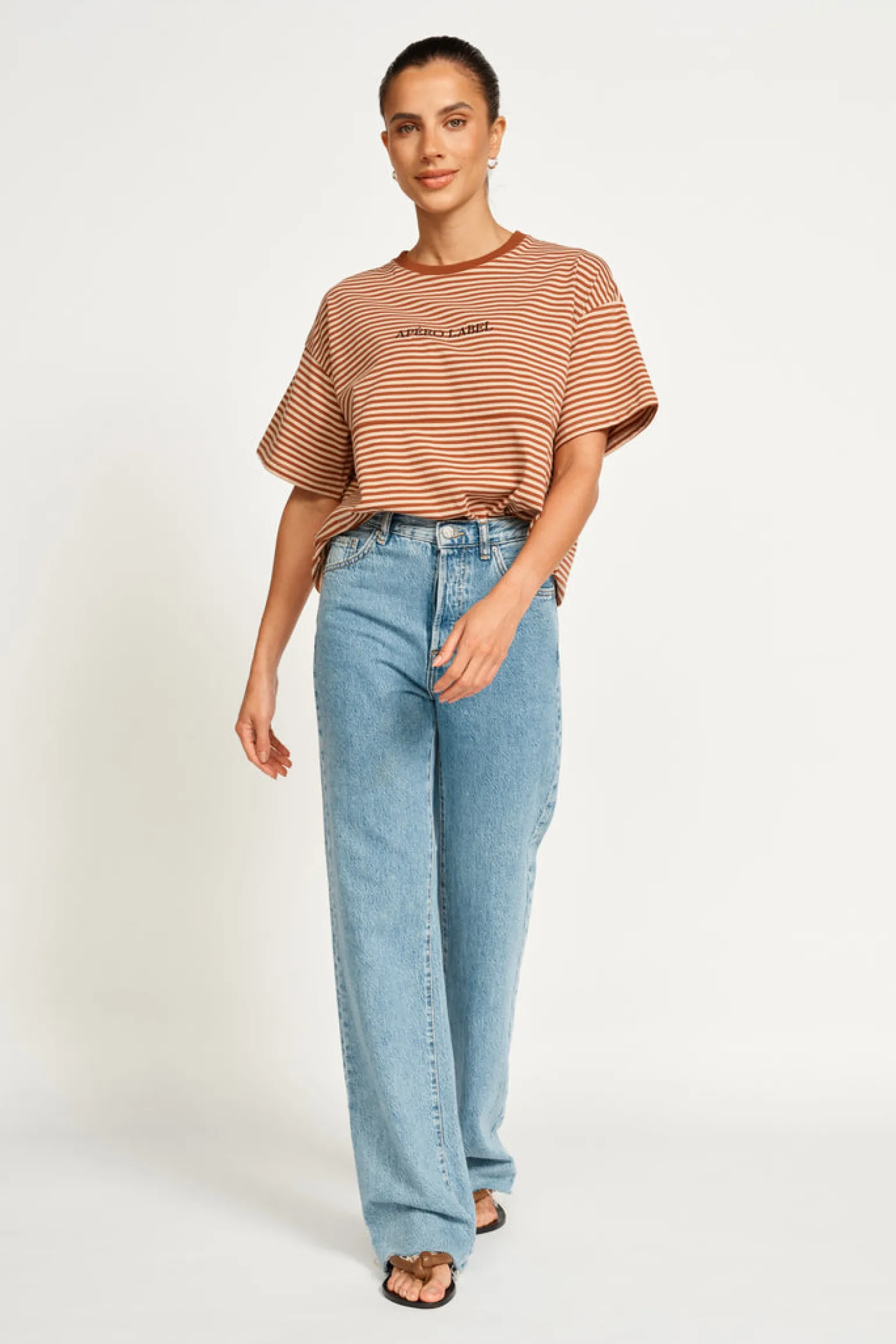 Apero Vintage Drop Shoulder Cropped Tee - Brown/Tan Stripe