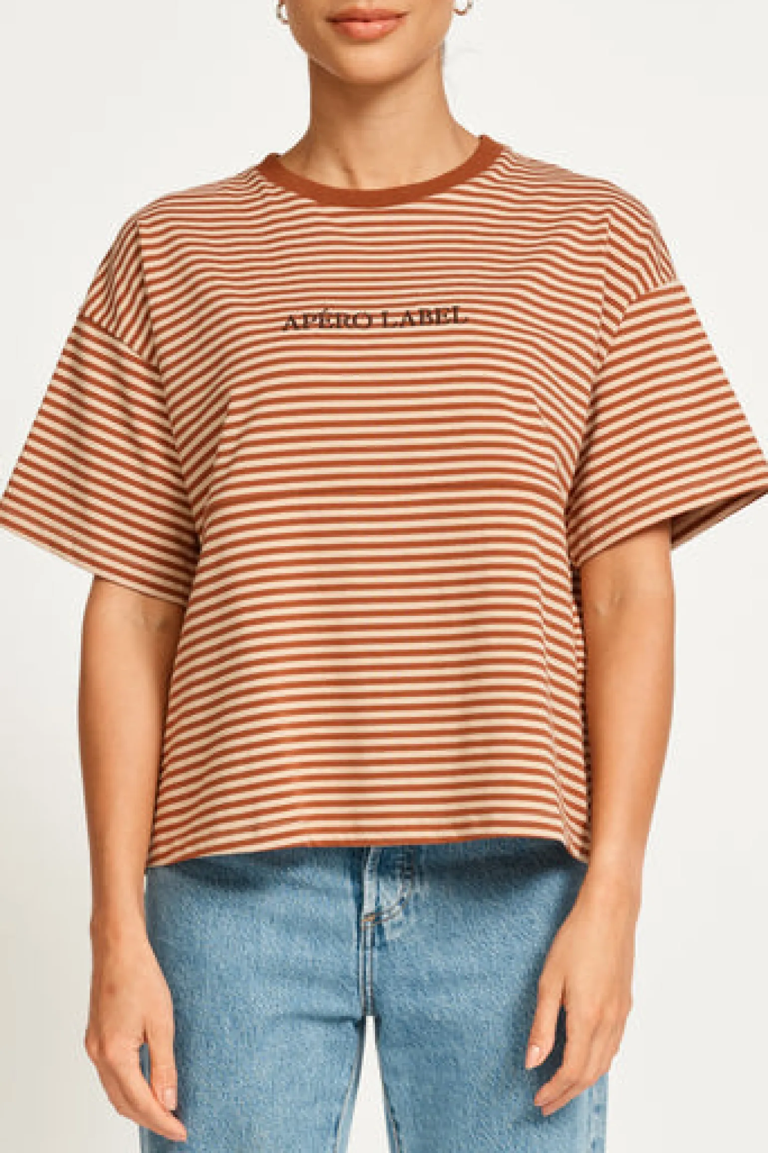 Apero Vintage Drop Shoulder Cropped Tee - Brown/Tan Stripe