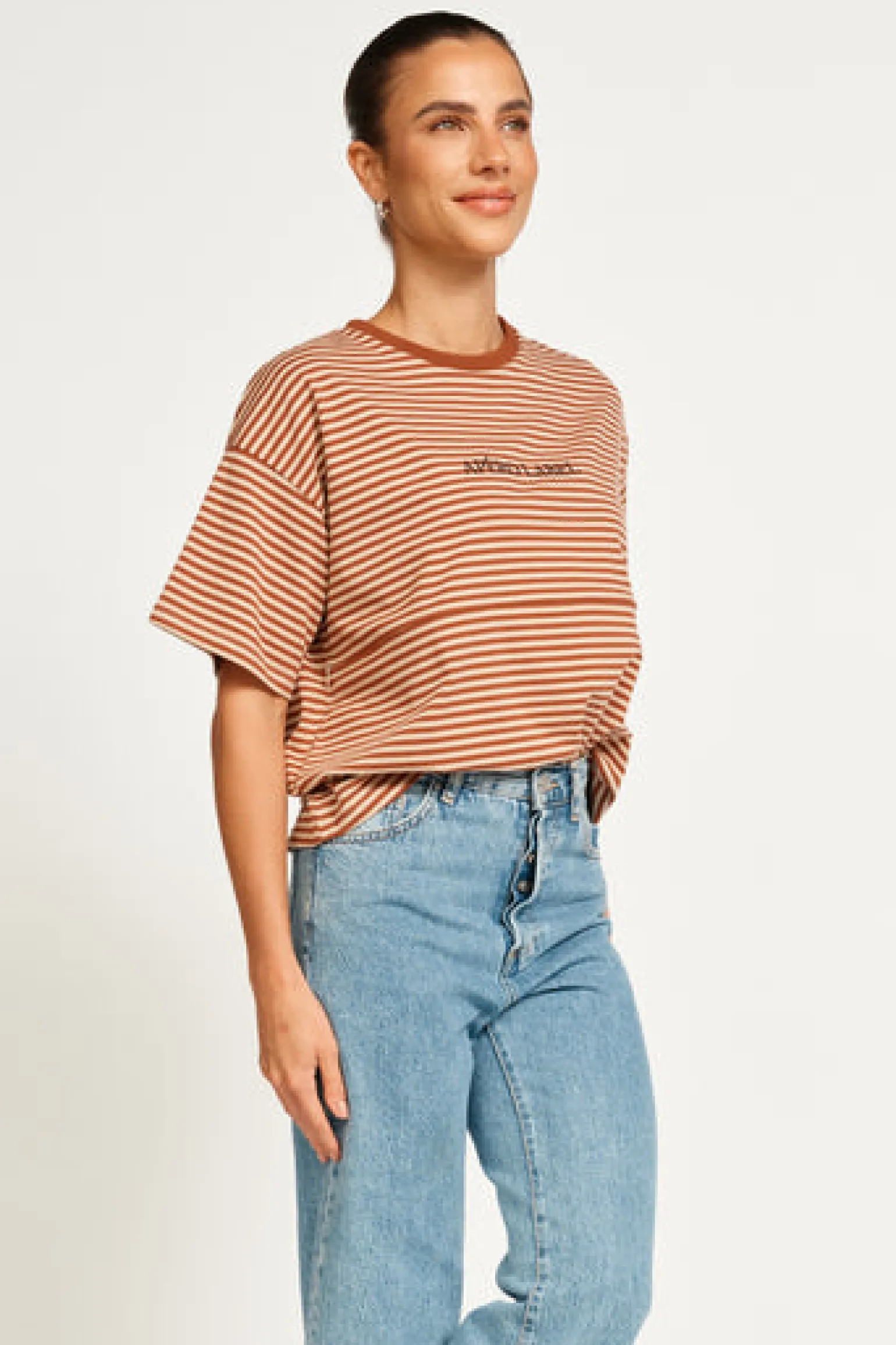 Apero Vintage Drop Shoulder Cropped Tee - Brown/Tan Stripe