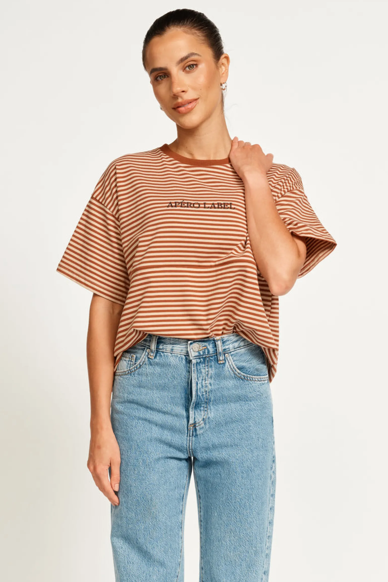 Apero Vintage Drop Shoulder Cropped Tee - Brown/Tan Stripe