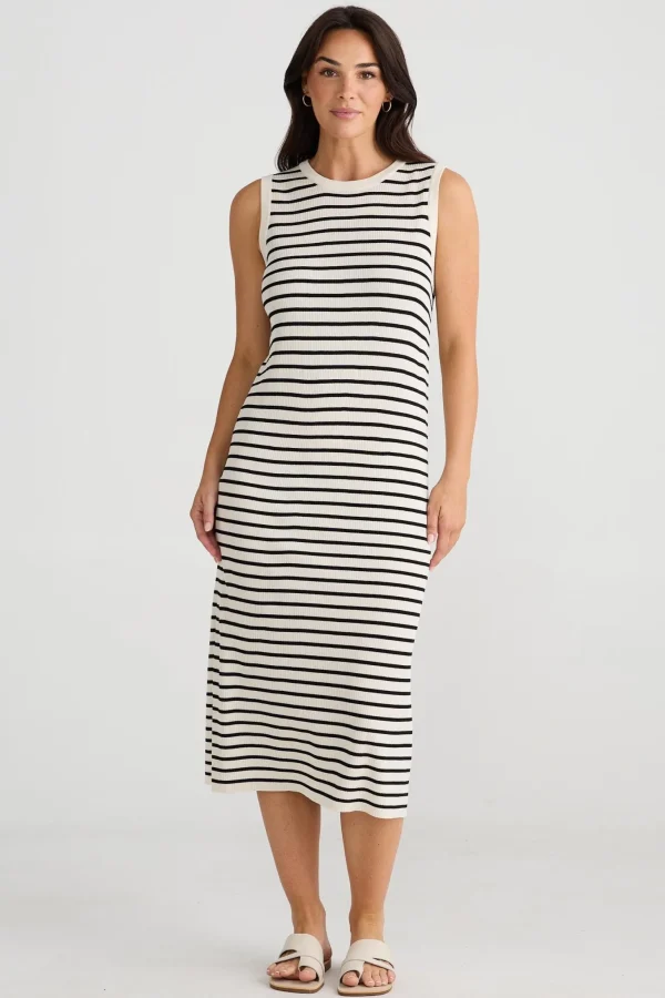 Brave & True Squad Dress - Ecru with Black Stripe