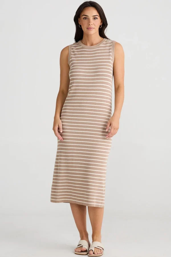 Brave & True Squad Dress - Taupe With Ecru Stripe