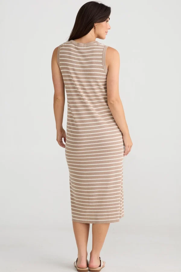 Brave & True Squad Dress - Taupe With Ecru Stripe