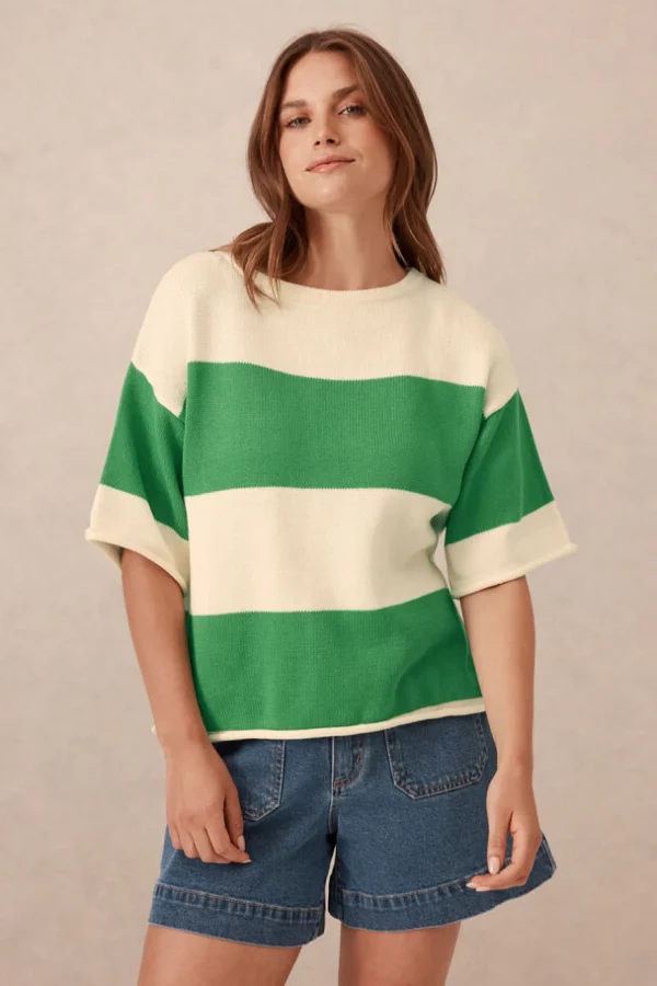 Ceres Life Boxy Knit Tee- Grass Stripe