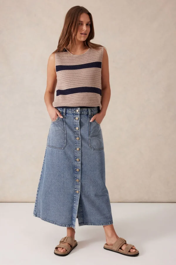 Ceres Life Button Through Denim Midi Skirt - Mid Vintage Blue