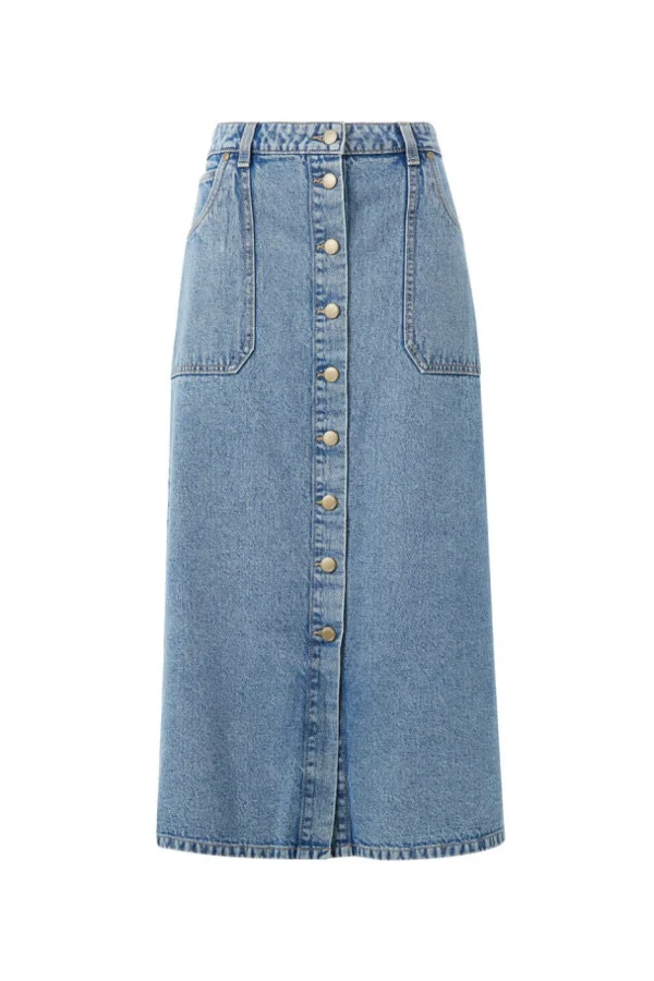 Ceres Life Button Through Denim Midi Skirt - Mid Vintage Blue