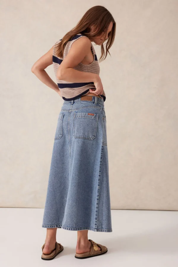 Ceres Life Button Through Denim Midi Skirt - Mid Vintage Blue