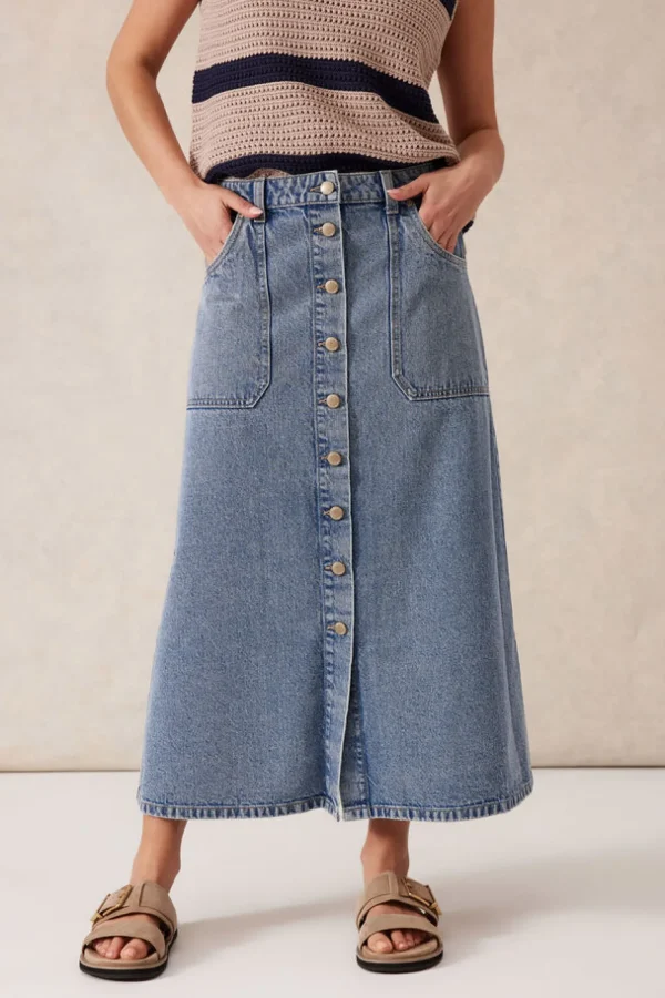 Ceres Life Button Through Denim Midi Skirt - Mid Vintage Blue