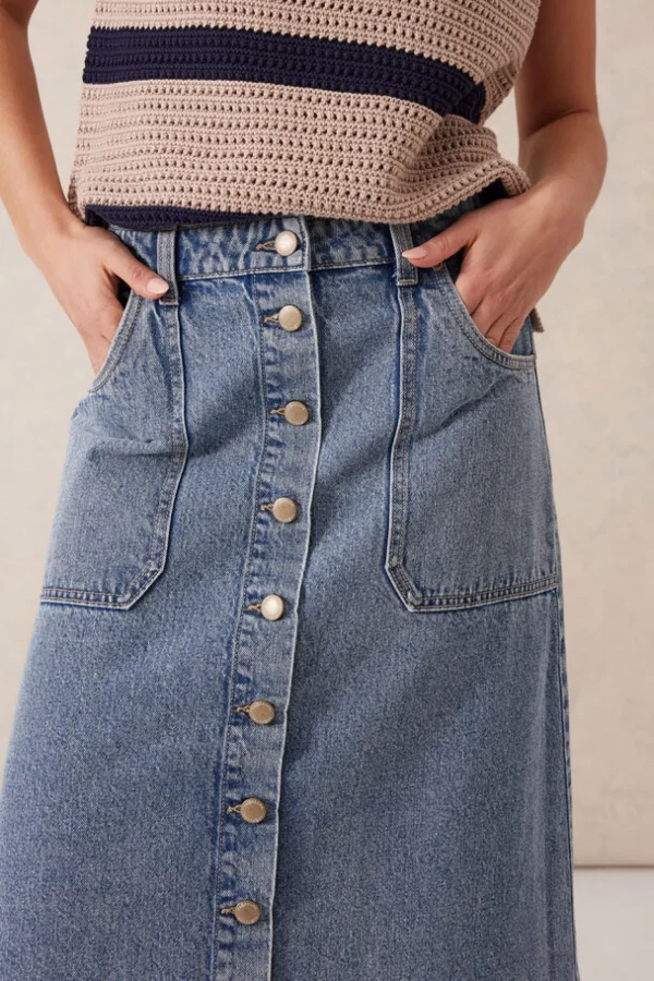 Ceres Life Button Through Denim Midi Skirt - Mid Vintage Blue