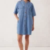 Ceres Life Collarless Relaxed Short Sleeve Denim Dress - Vintage Blue