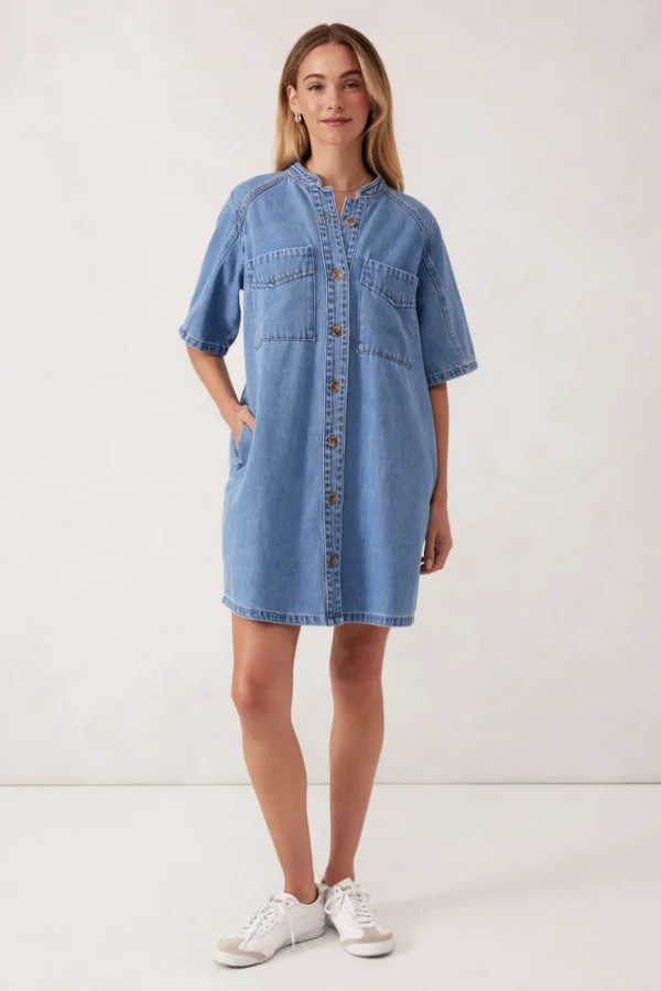 Ceres Life Collarless Relaxed Short Sleeve Denim Dress - Vintage Blue