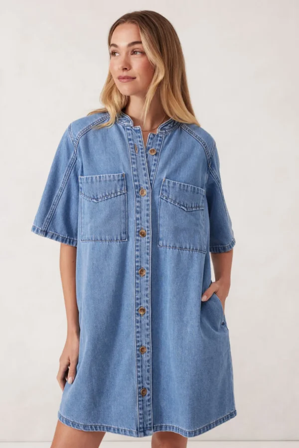 Ceres Life Collarless Relaxed Short Sleeve Denim Dress - Vintage Blue