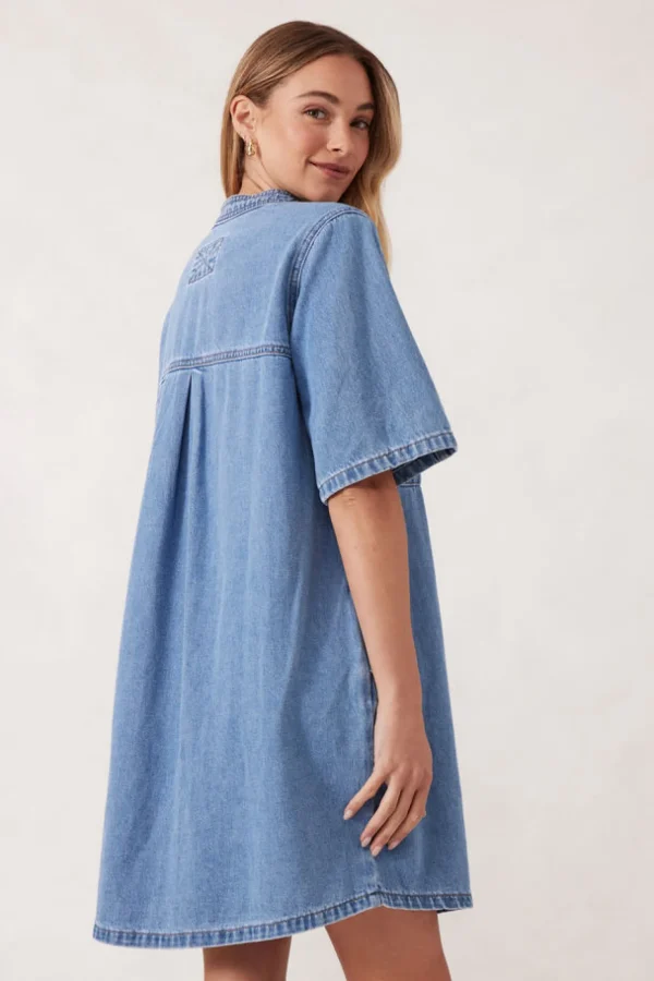 Ceres Life Collarless Relaxed Short Sleeve Denim Dress - Vintage Blue