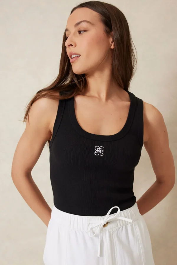 Ceres Life Contour Rib Scoop Tank - Black/White Monogram Embroidery