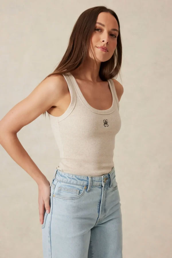 Ceres Life Contour Rib Scoop Tank - Oatmeal/Black Monogram Embroidery