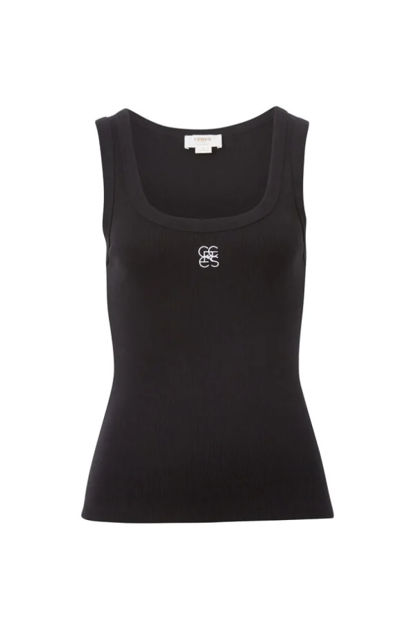 Ceres Life Contour Rib Scoop Tank - Black/White Monogram Embroidery