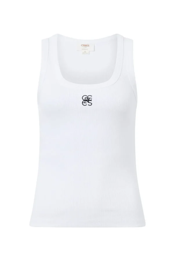 Ceres Life Contour Rib Scoop Tank - White/Black Monogram Embroidery