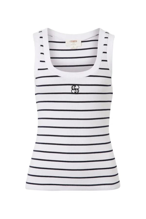 Ceres Life Contour Rib Scoop Tank - White/New Navy Monogram Embroidery