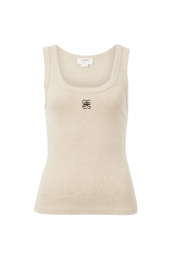 Ceres Life Contour Rib Scoop Tank - Oatmeal/Black Monogram Embroidery