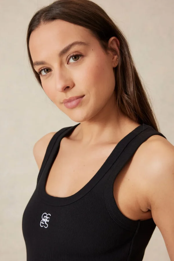 Ceres Life Contour Rib Scoop Tank - Black/White Monogram Embroidery