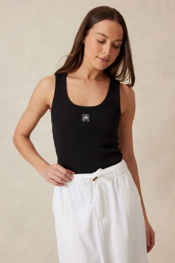 Ceres Life Contour Rib Scoop Tank - Black/White Monogram Embroidery