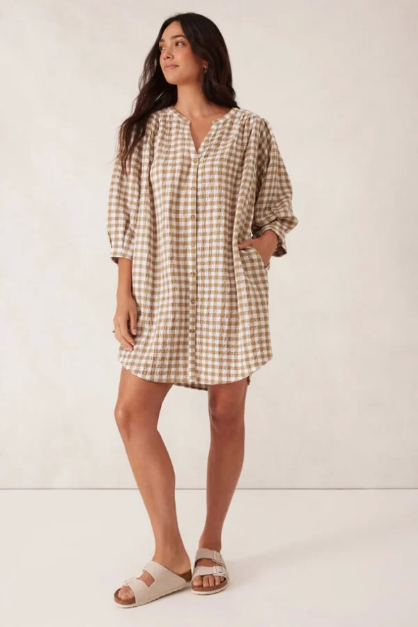 Ceres Life Crinkle Mini Dress - Fig Green/White Gingham