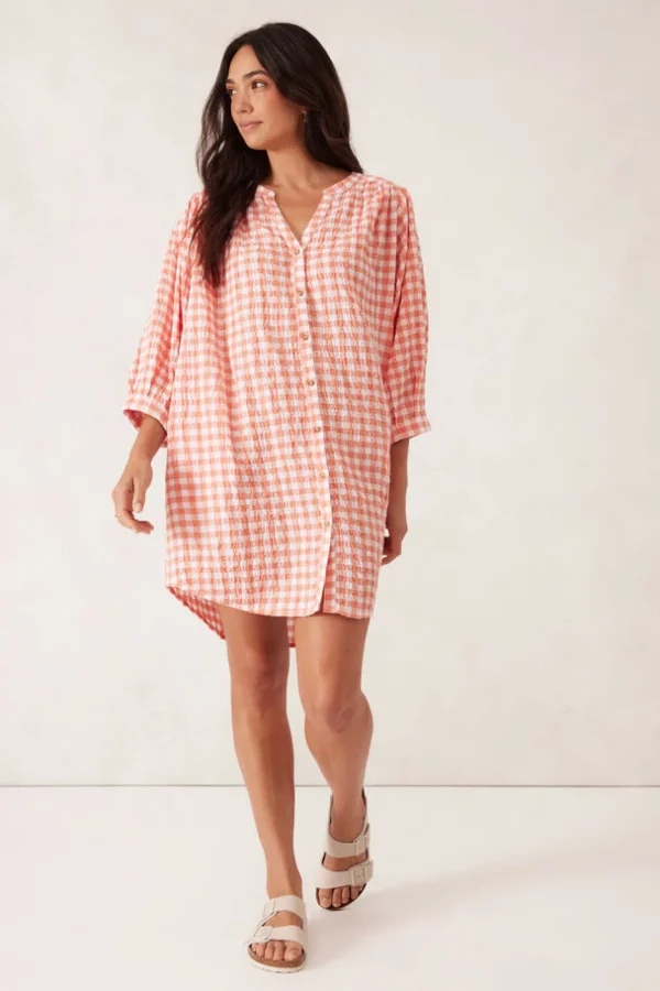 Ceres Life Crinkle Mini Dress - Coral/White Gingham