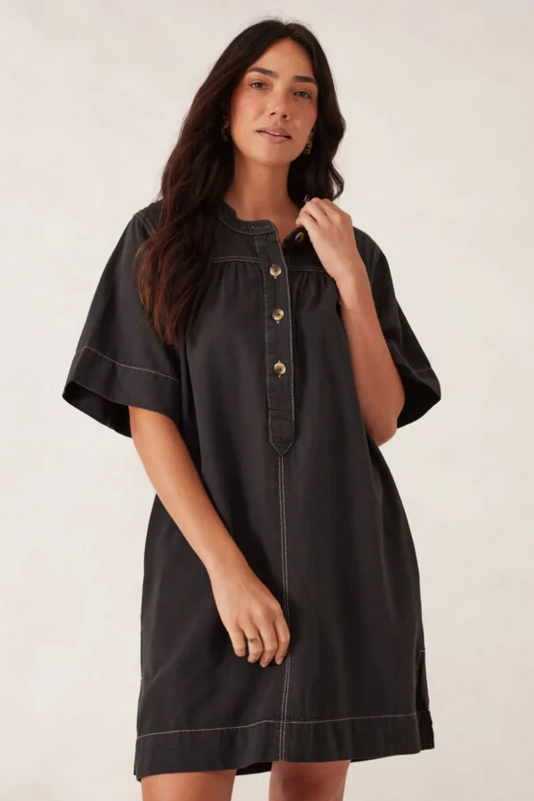 Ceres Life Half Placket Tunic Dress- Black Twill