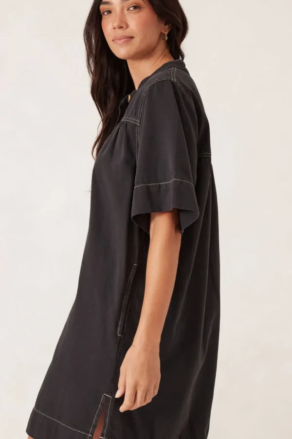 Ceres Life Half Placket Tunic Dress- Black Twill