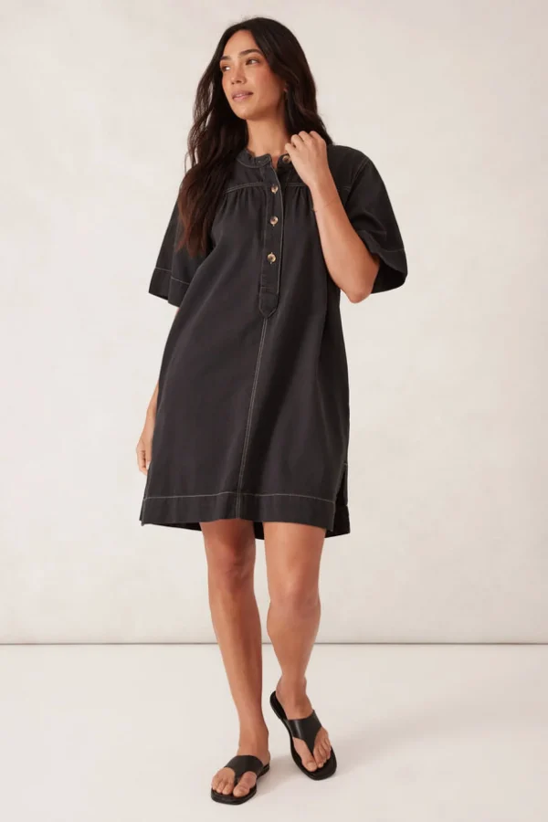 Ceres Life Half Placket Tunic Dress- Black Twill