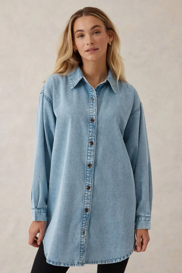 Ceres Life Longline Denim Shirt - Vintage blue