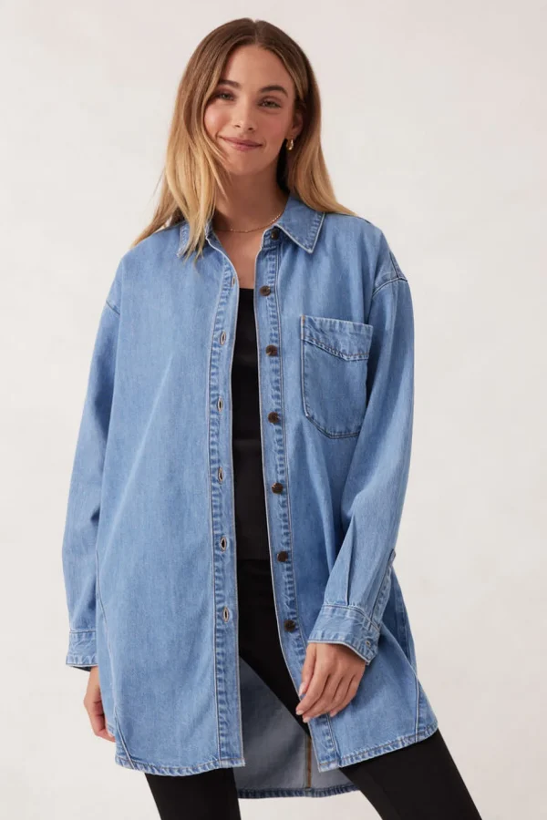 Ceres Life Longline Panelled Denim Shirt - Mid Vintage Blue