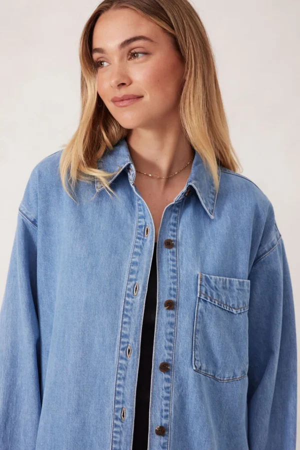 Ceres Life Longline Panelled Denim Shirt - Mid Vintage Blue