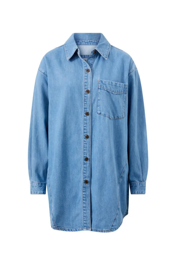 Ceres Life Longline Panelled Denim Shirt - Mid Vintage Blue