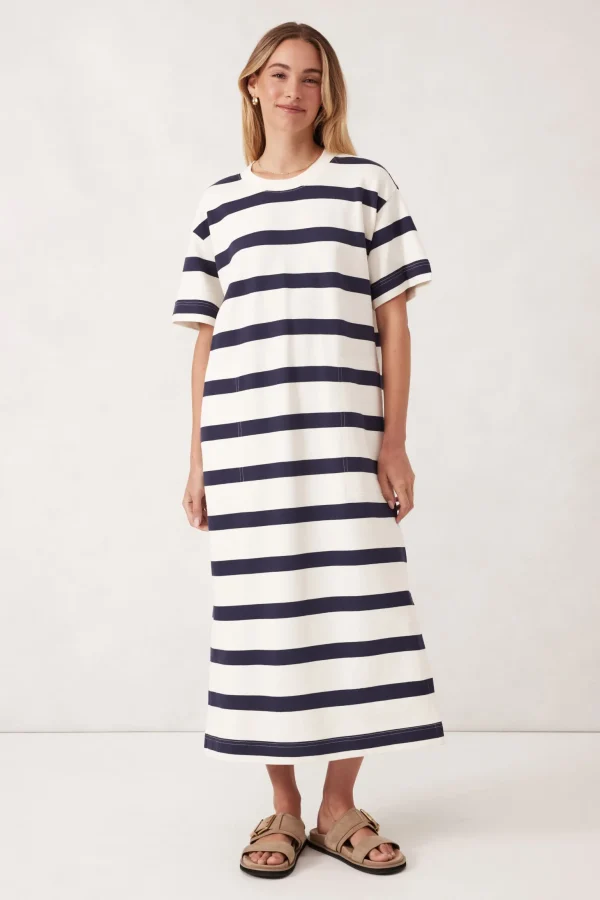 Ceres Life Midi Terry Dress - White Navy Bold Stripe