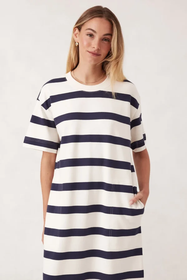 Ceres Life Midi Terry Dress - White Navy Bold Stripe