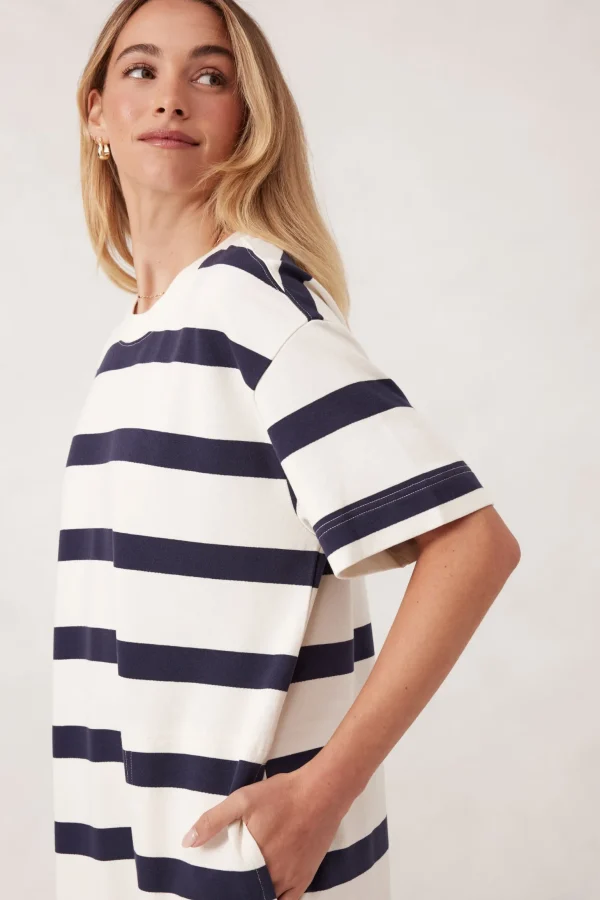 Ceres Life Midi Terry Dress - White Navy Bold Stripe