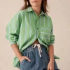 Ceres Life Oversized Organic Cotton Poplin Shirt - Grass Green Oxford Blue Stripe