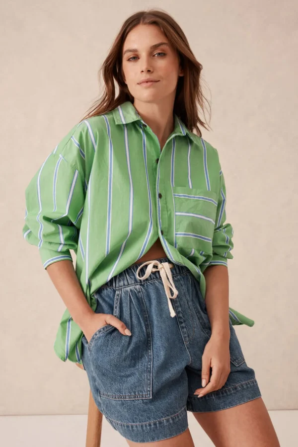 Ceres Life Oversized Organic Cotton Poplin Shirt - Grass Green Oxford Blue Stripe