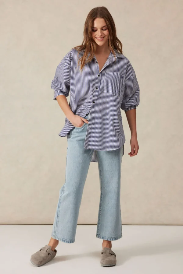 Ceres Life Oversized Organic Cotton Poplin Shirt - College Blue White Narrow Stripe