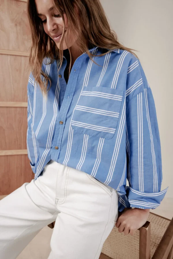 Ceres Life Oversized Organic Cotton Poplin Shirt - Blue White Triple Stripe