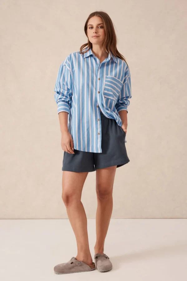 Ceres Life Oversized Organic Cotton Poplin Shirt - Blue White Red Stripe