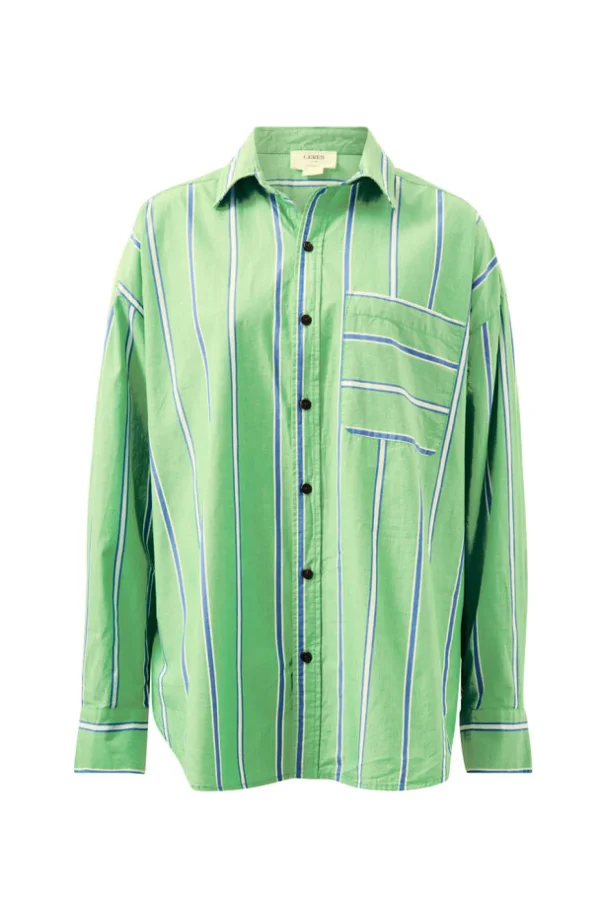 Ceres Life Oversized Organic Cotton Poplin Shirt - Grass Green Oxford Blue Stripe