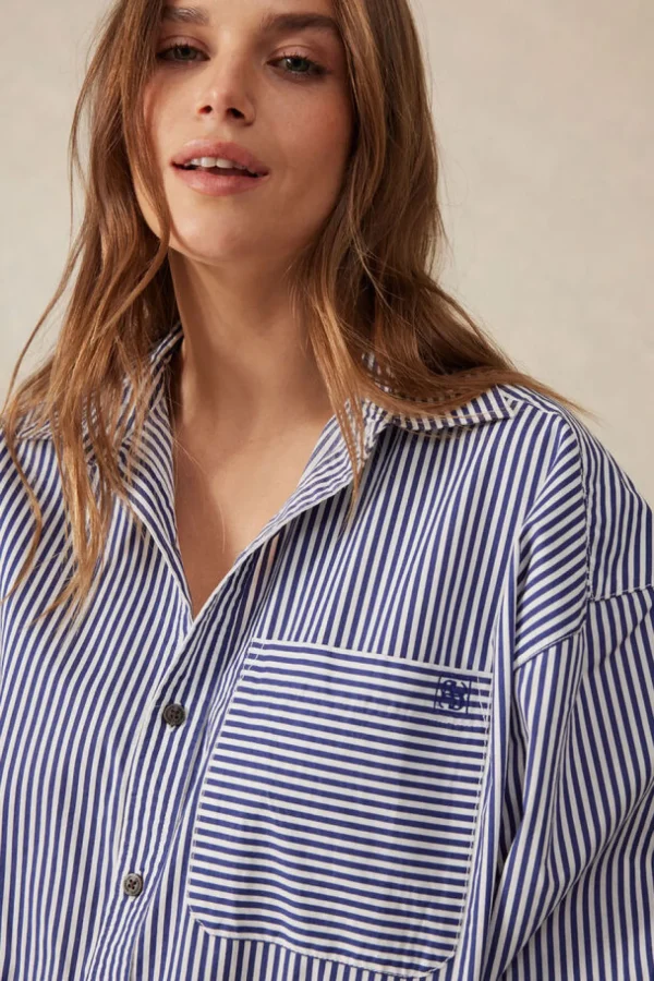 Ceres Life Oversized Organic Cotton Poplin Shirt - College Blue White Narrow Stripe