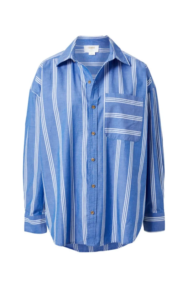 Ceres Life Oversized Organic Cotton Poplin Shirt - Blue White Triple Stripe