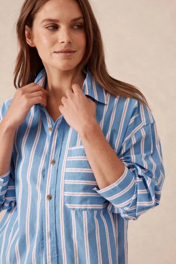 Ceres Life Oversized Organic Cotton Poplin Shirt - Blue White Red Stripe