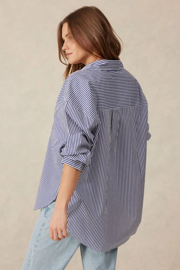 Ceres Life Oversized Organic Cotton Poplin Shirt - College Blue White Narrow Stripe