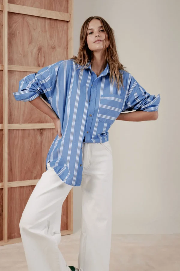 Ceres Life Oversized Organic Cotton Poplin Shirt - Blue White Triple Stripe