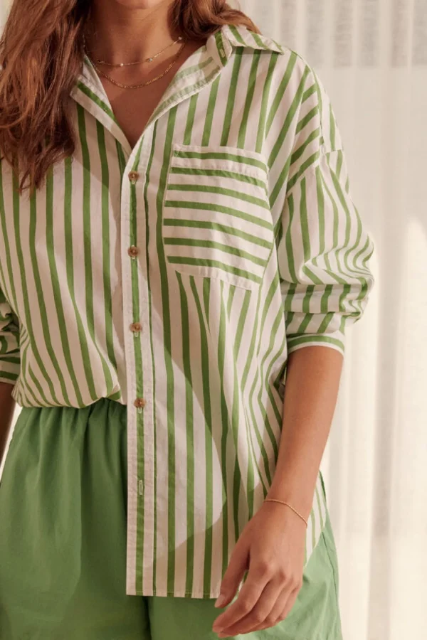 Ceres Life Oversized Organic Cotton Poplin Shirt - Splash Green White Stripe