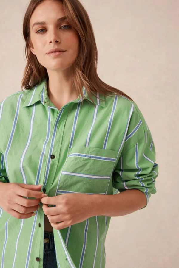 Ceres Life Oversized Organic Cotton Poplin Shirt - Grass Green Oxford Blue Stripe